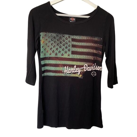 Harley Davidson Wms S Black Washed American Flag Tee Rhinestone Trim Bikercore - Picture 1 of 6